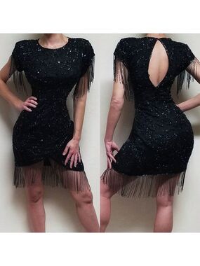 Vintage Augustus Impressions Hand Beaded Sequin Black Silk Fringe Flapper Dress